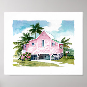Pink Coastal Beach Cottage Watercolor Tropical Poster