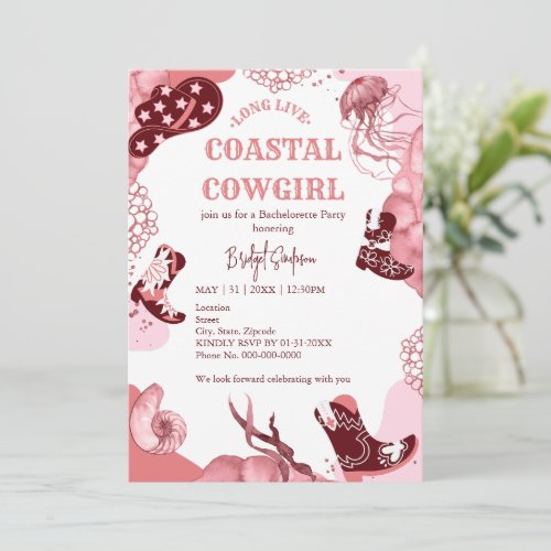 pink coastal cowgirl bachelorette party invitation