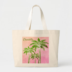 Pink Coastal Ombre Green Palm Tree Watercolor Name Large Tote Bag