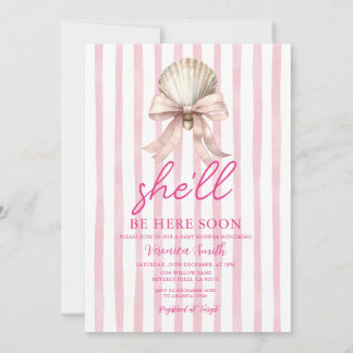 Pink Coastal She'll Be Here Soon Girl Baby Shower Invitation