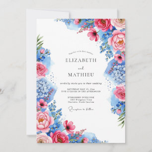 Pink Cobalt Blue Ravishing Floral Wedding Invitation