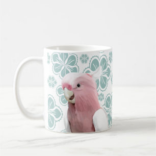 Pink Cockatoo on Blue Flowers Coffee Mug