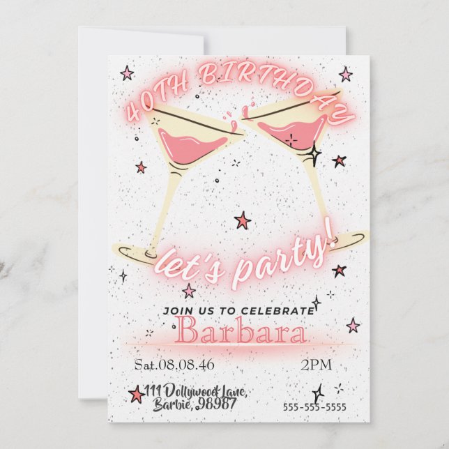 Pink Cocktail 40th Birthday Invitation (Front)