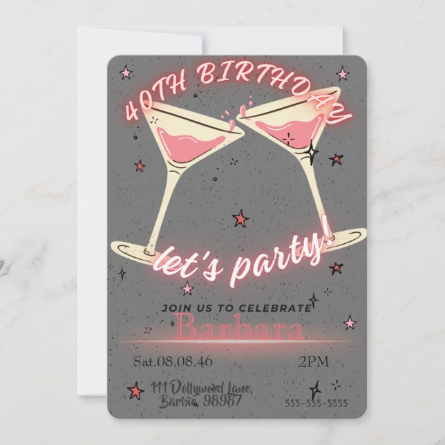 Pink Cocktail 40th Birthday Invitation (Front)