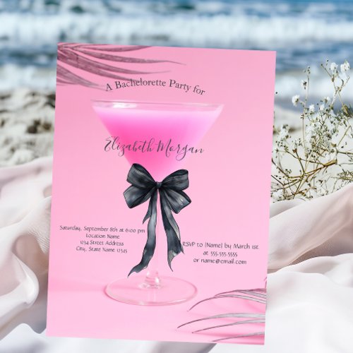 Pink Cocktail Black Bow Bachelorette Party Invitation