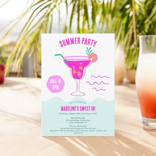 Pink Cocktail illustration summer beach Sweet 16 Invitation