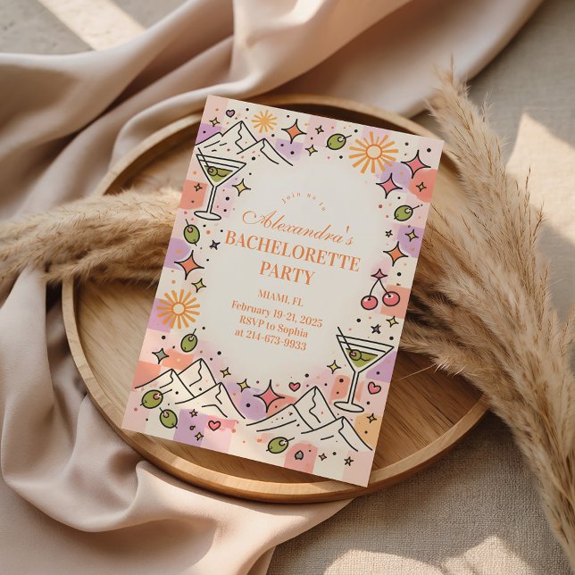 Pink Cocktail Mountains and Martinis Bachelorette Invitation (Creator Uploaded)