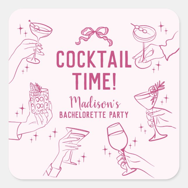 Pink Cocktail Party Bachelorette Envelope Favor Square Sticker (Front)