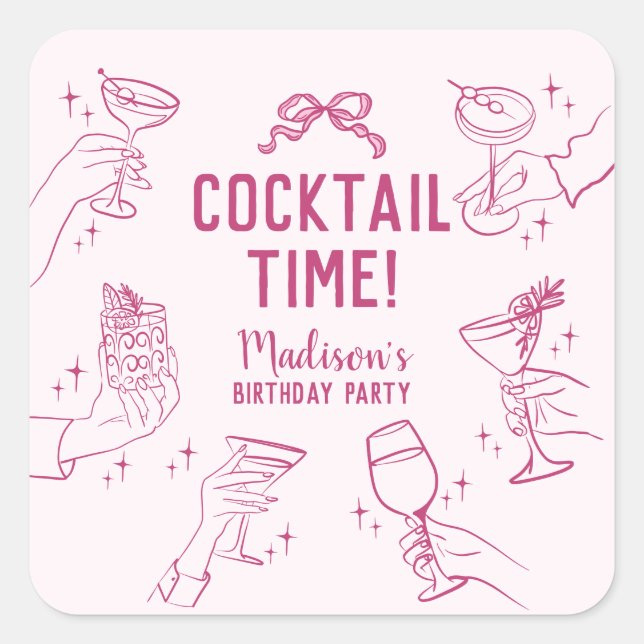 Pink Cocktail Party Birthday Envelope Favor Square Sticker (Front)