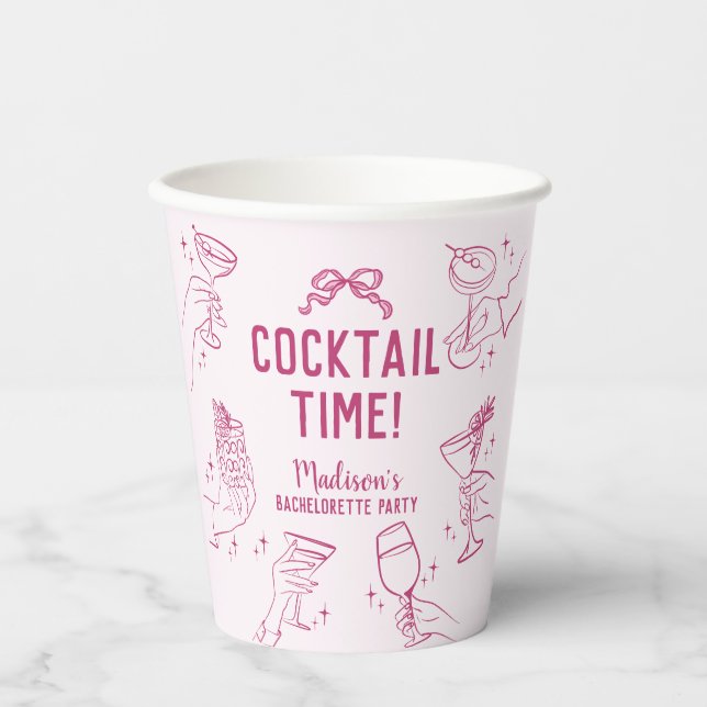 Pink Cocktail Party Retro Bachelorette Party Paper Cups (Front)