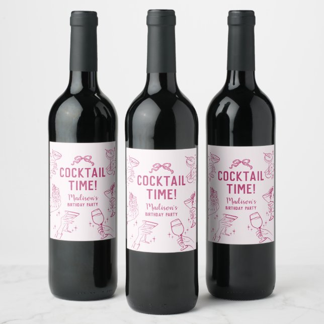 Pink Cocktail Party Retro Birthday Party Wine Label (Bottles)