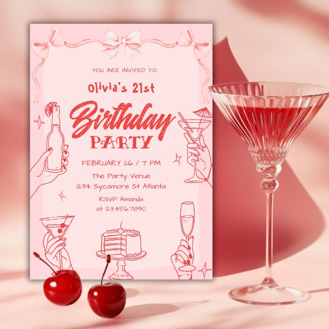 Pink Cocktail Valentine’s Day 21st Birthday Party Invitation (Creator Uploaded)