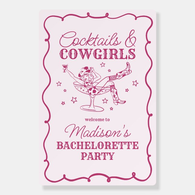 Pink Cocktails and Cowgirls Bachelorette Welcome Foam Board (Front)