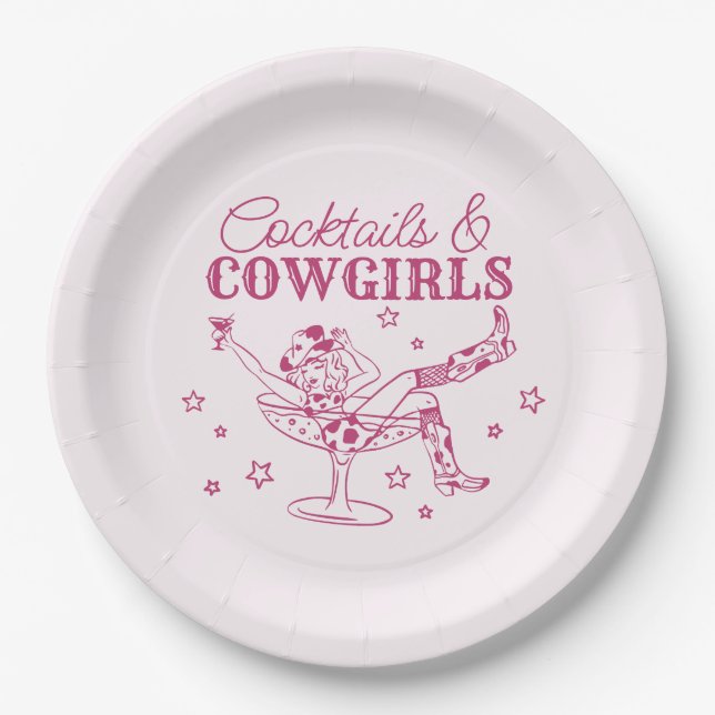 Pink Cocktails and Cowgirls Birthday Bachelorette Paper Plates (Front)