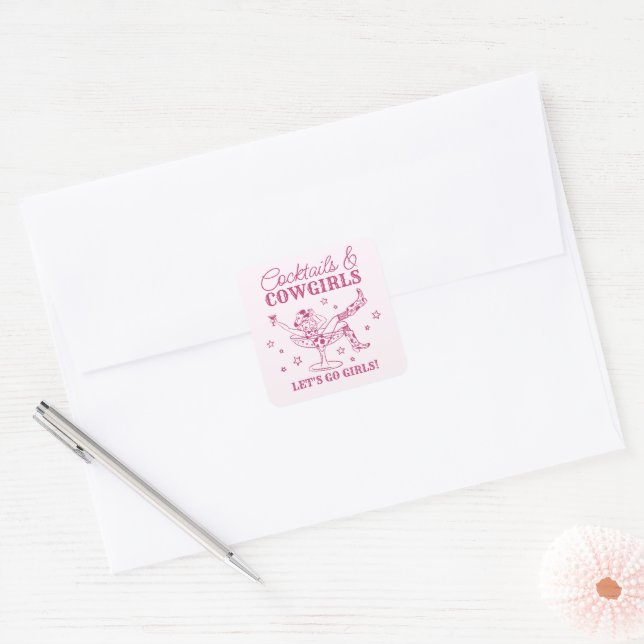 Pink Cocktails and Cowgirls Rodeo Bachelorette Square Sticker (Envelope)
