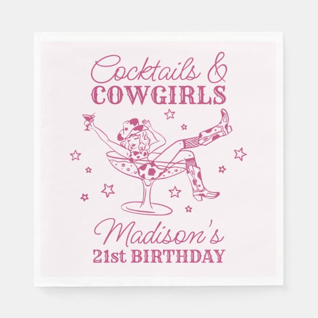Pink Cocktails and Cowgirls Rodeo Birthday Napkins (Front)