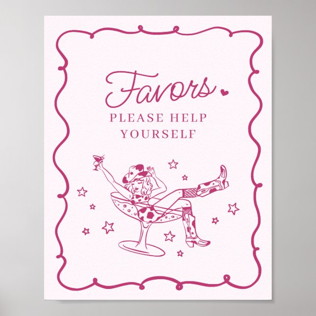 Pink Cocktails and Cowgirls Rodeo Favors Sign (Front)