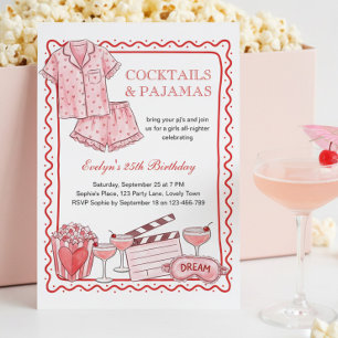 Pink Cocktails and Pajamas Girls Night Birthday Invitation