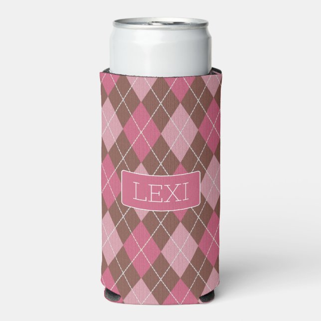 Pink / Coffee Diamond Argyle Pattern - your Name Seltzer Can Cooler (Seltzer Front)