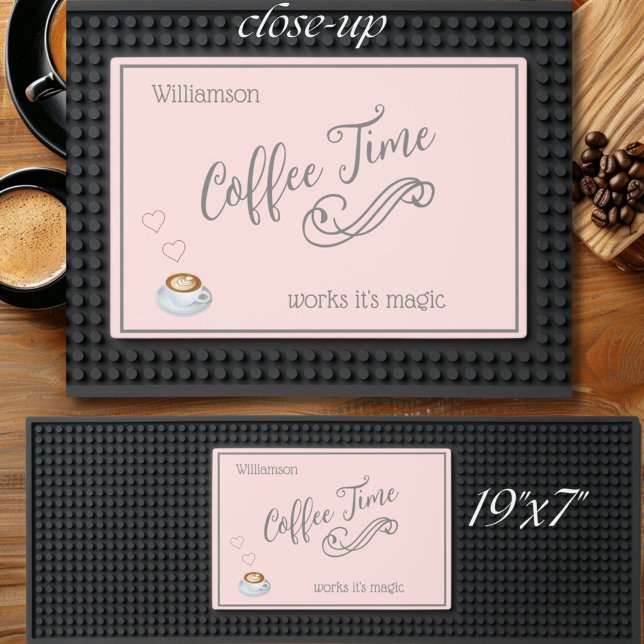Pink Coffee Time Cup Family Name Coffee Bar Mat (Creator Uploaded)