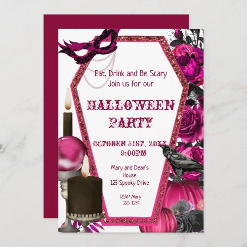 Pink Coffin Gothic Halloween Floral Invitation