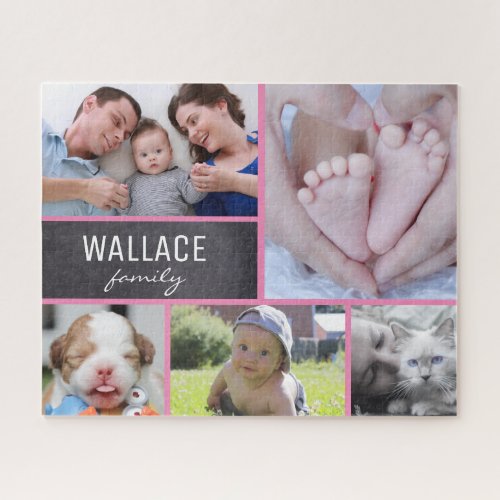 Pink Collage photos with family name 5 pictures Jigsaw Puzzle