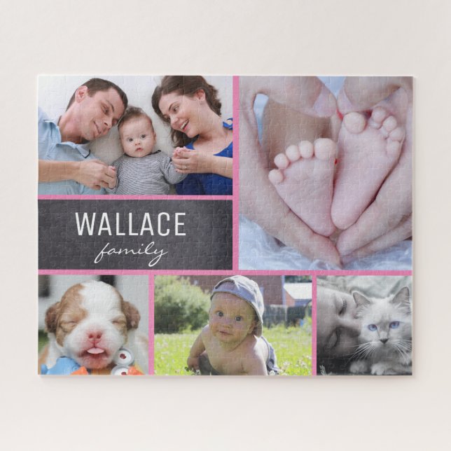 Pink Collage photos with family name 5 pictures Jigsaw Puzzle (Horizontal)