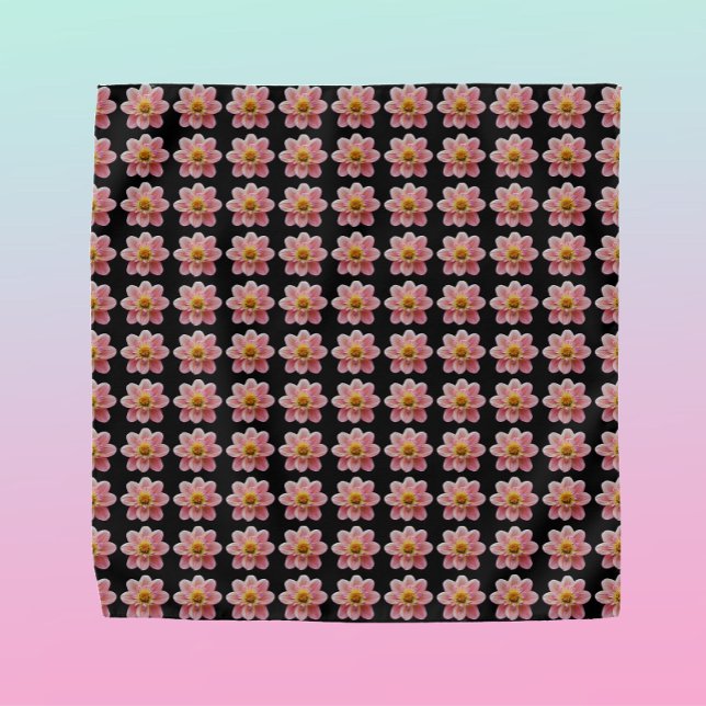 Pink Collarette Dahlia Floral Pattern on Black Bandana (In Situ)