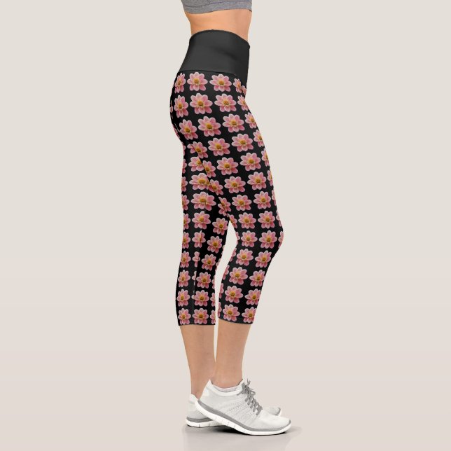 Pink Collarette Dahlia Floral Pattern on Black Capri Leggings (Right)
