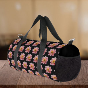 Pink Collarette Dahlia Floral Pattern on Black Duffle Bag