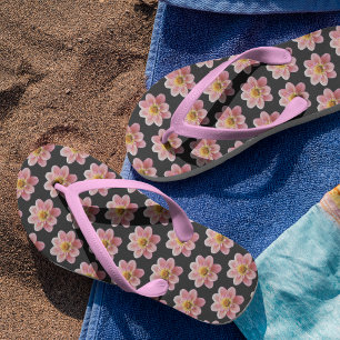 Pink Collarette Dahlia Floral Pattern on Black Flip Flops