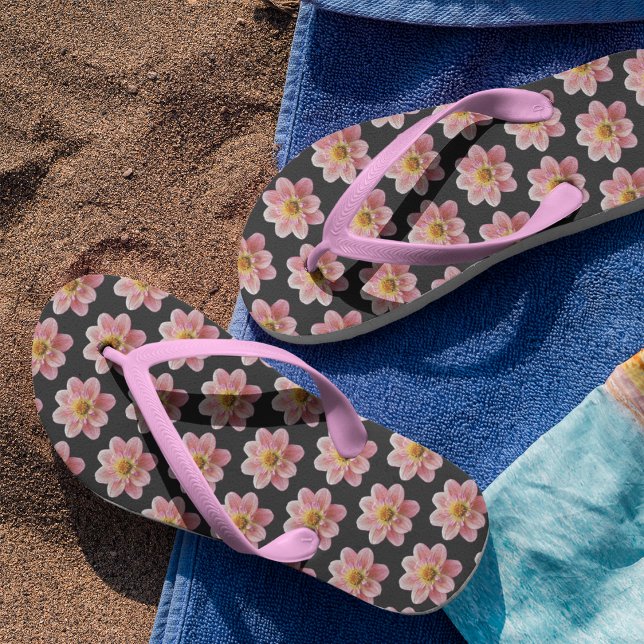 Pink Collarette Dahlia Floral Pattern on Black Flip Flops (In Situ)