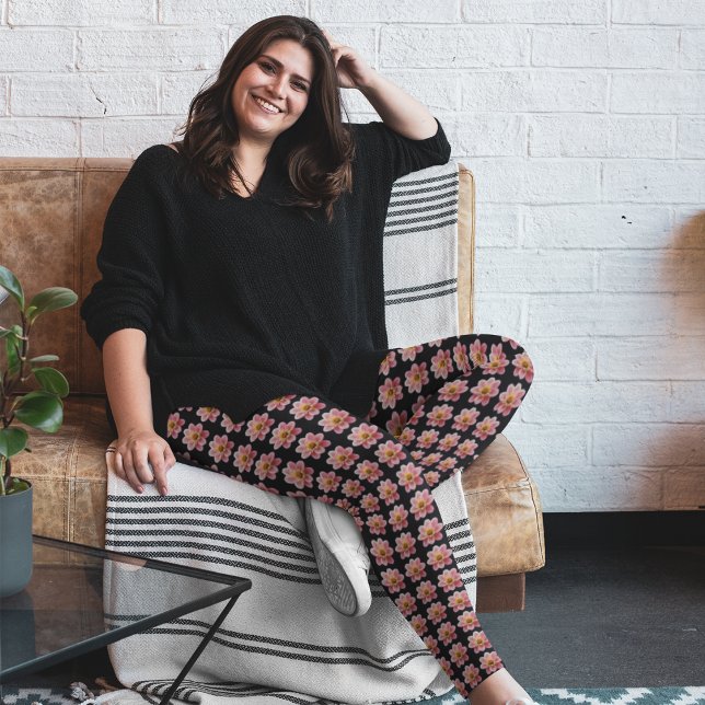 Pink Collarette Dahlia Floral Pattern on Black Leggings (In Situ)