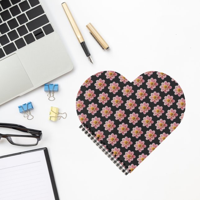 Pink Collarette Dahlia Floral Pattern on Black Notebook (In Situ)