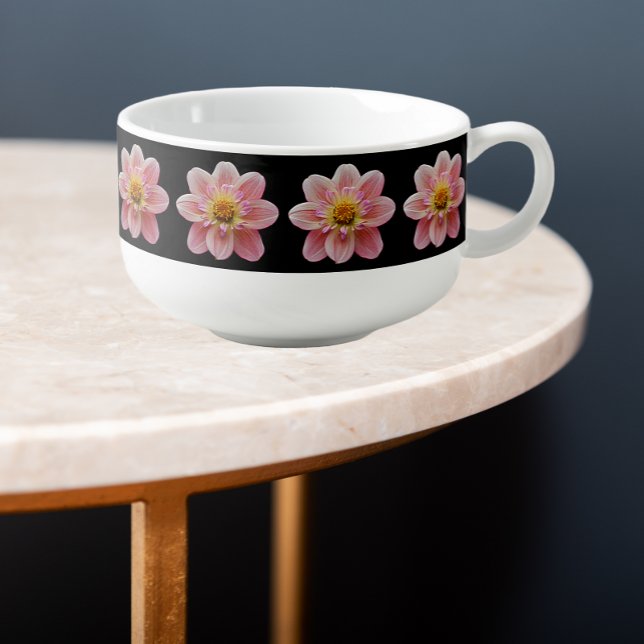 Pink Collarette Dahlia Floral Pattern on Black Soup Mug (In Situ)