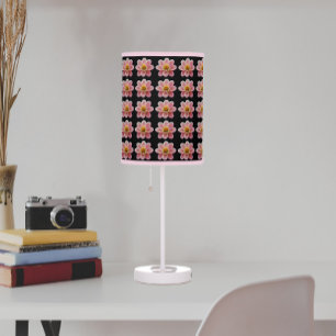 Pink Collarette Dahlia Floral Pattern on Black Table Lamp