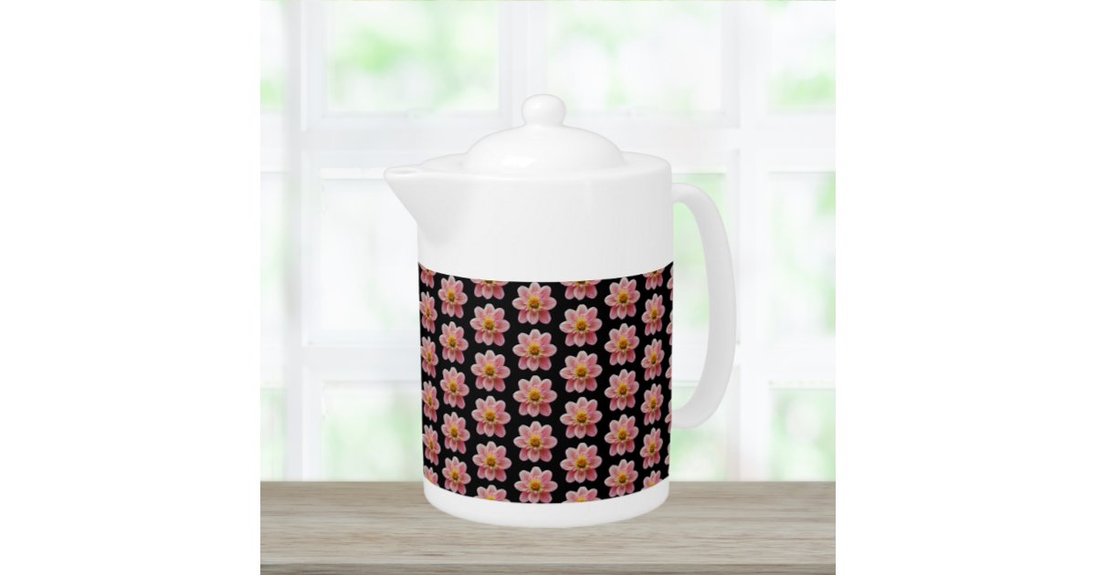 Collarette Pattern Pink Collarette Dahlia Floral Pattern on Black Teapot | Zazzle