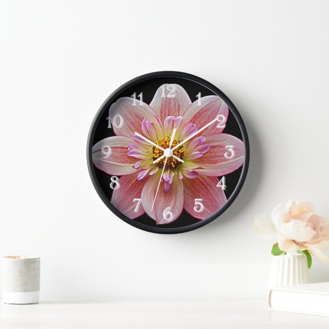 Pink Collarette Dahlia on Black Floral Clock (Home)
