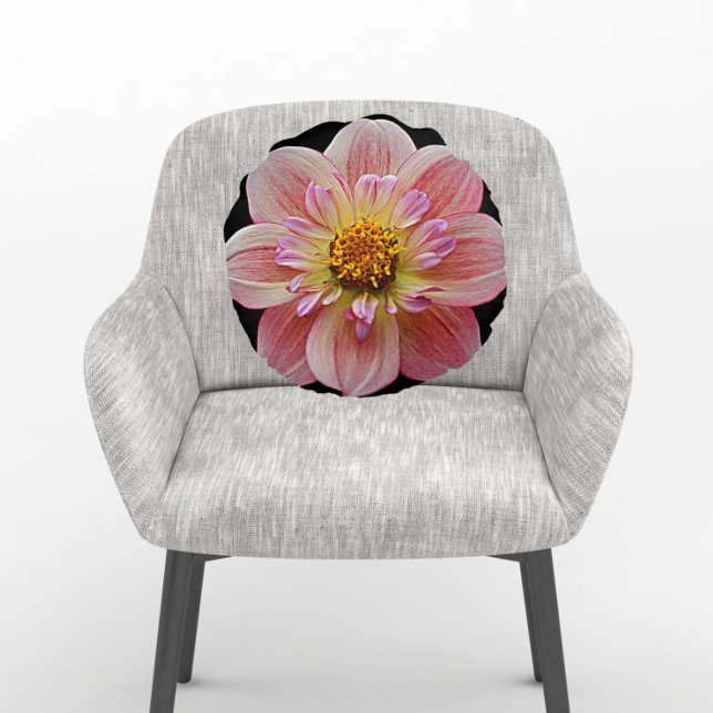 Pink Collarette Dahlia on Black Floral Round Pillow (In Situ Chair)