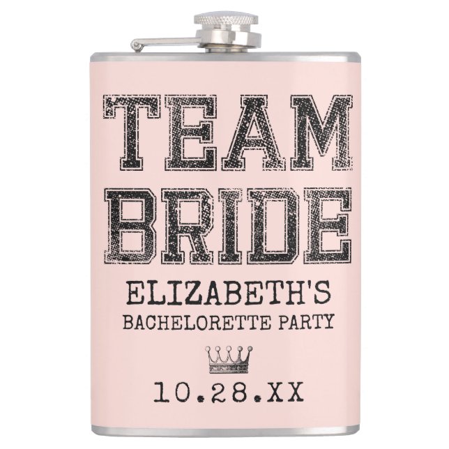 Pink Collegiate Team Bride Bachelorette Party Flask (Front)