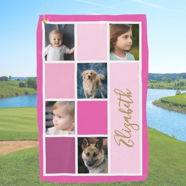 Pink Color Block Custom Template Family Photos  Golf Towel (Creator Uploaded)