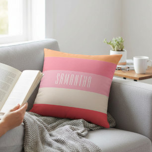 Pink Color Block Monogram Striped Throw Pillow