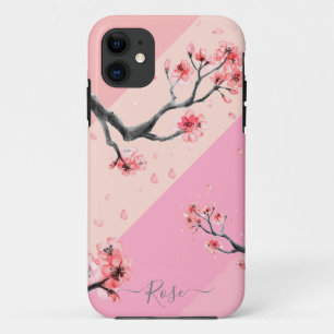 Pink color block with cherry blossom iPhone 11 case