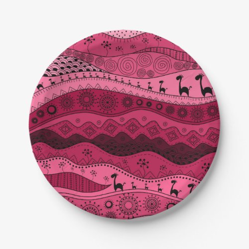 Pink color hand drawn African tribal pattern Paper Plates
