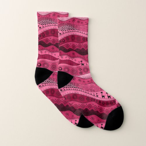 Pink color hand drawn African tribal pattern Socks
