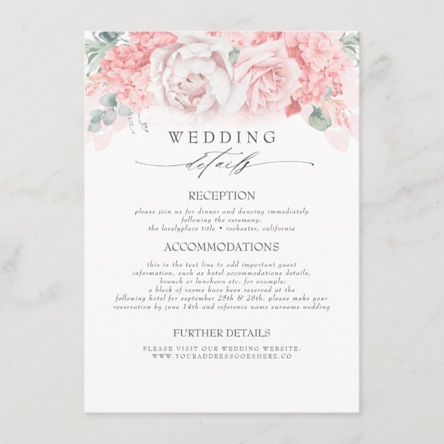 Pink Colored Flowers Wedding Information Enclosure Card (Front)