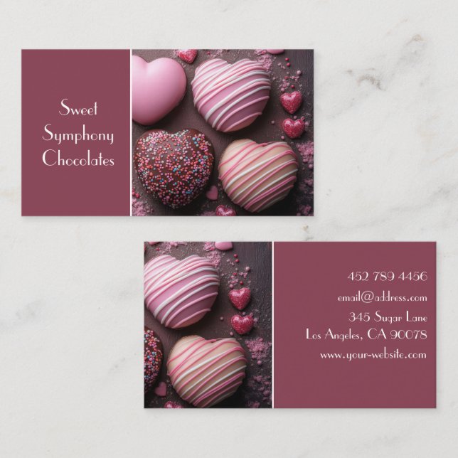 Pink colored heart shaped chocolates business card (Front/Back)