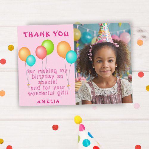 Pink Colorful Balloons Girl Birthday Photo Thank You Card