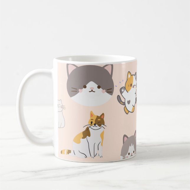 Pink Colorful Cat Pattern  Coffee Mug (Left)