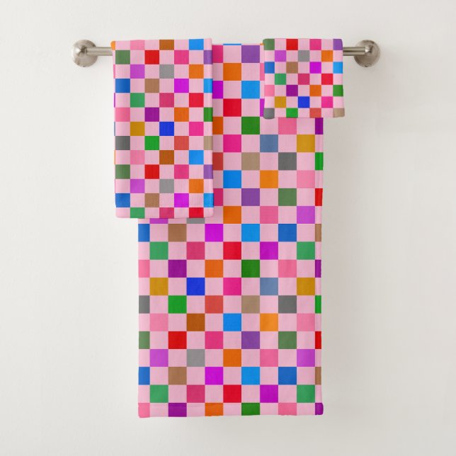 Pink Colorful Checkered Pattern  Bath Towel Set (Insitu)